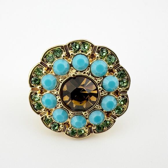 Vintage Boho Floral Statement Ring Turquoise & Green Stone Costume Jewelry - Picture 5 of 7